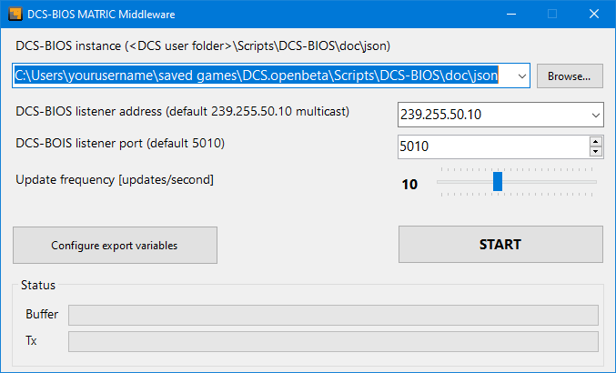 DCS-BIOS MATRIC Middleware Main Screen