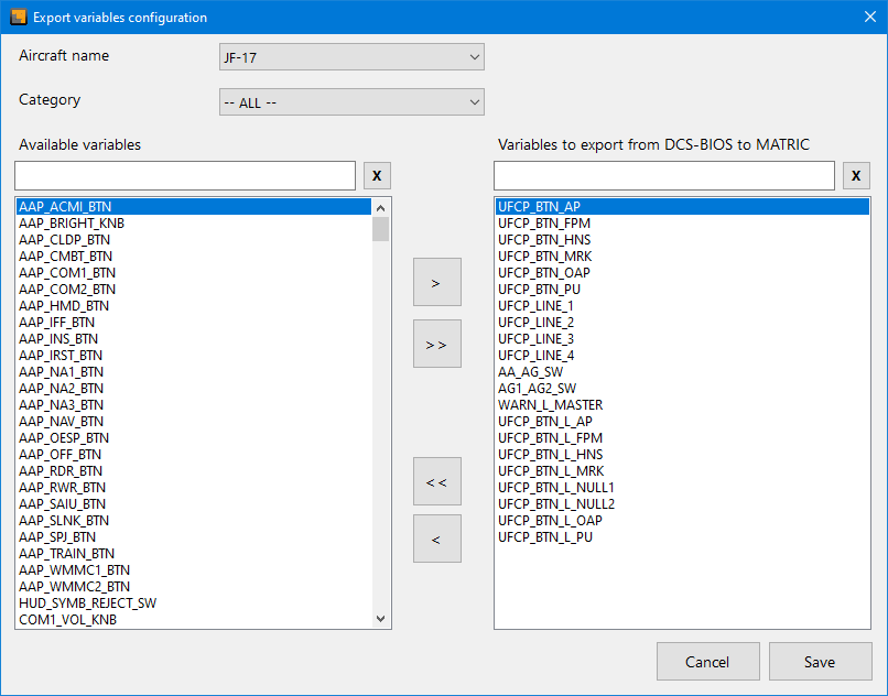 DBMM export variables configuration screen